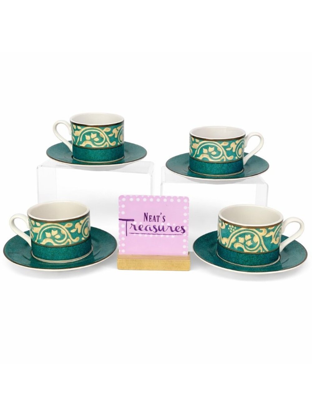 Misono PAVILLION 4856 Green Rim Tan Scroll Ceramic Oven Safe Cup Saucer Set of 4